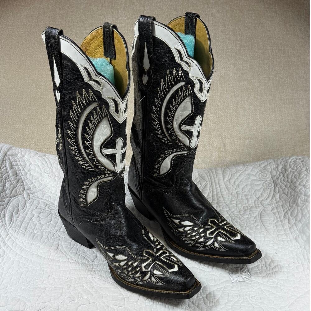 JB Dillon Women's 8.5B Black/White Goat Skin Winged Gem Western Leather Boots